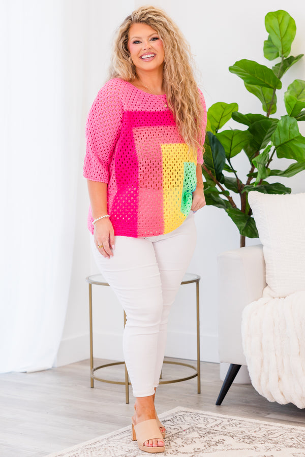 Chic Soul plus size clothing, short-sleeve knit pink multi top with rainbow block pattern