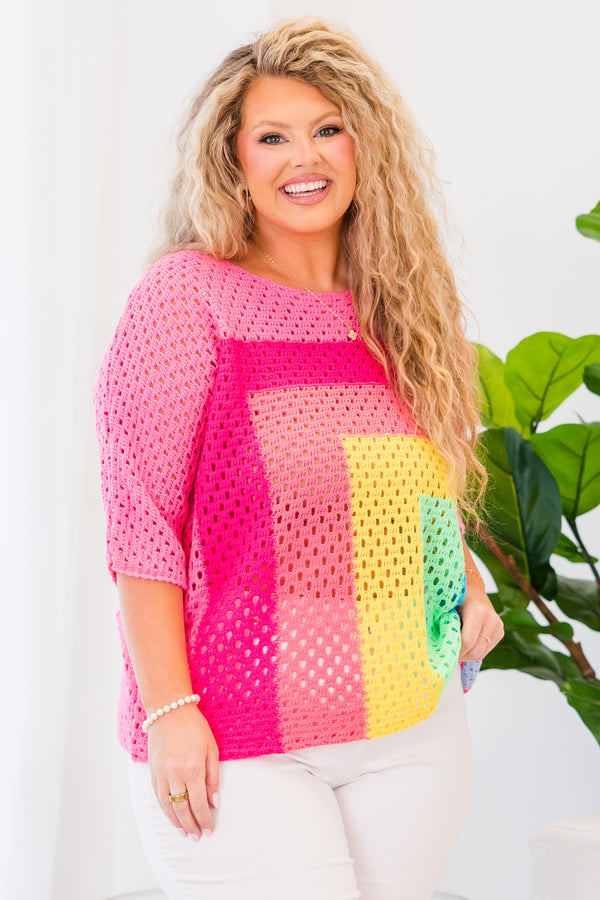 Chic Soul plus size clothing, short-sleeve knit pink multi top with rainbow block pattern