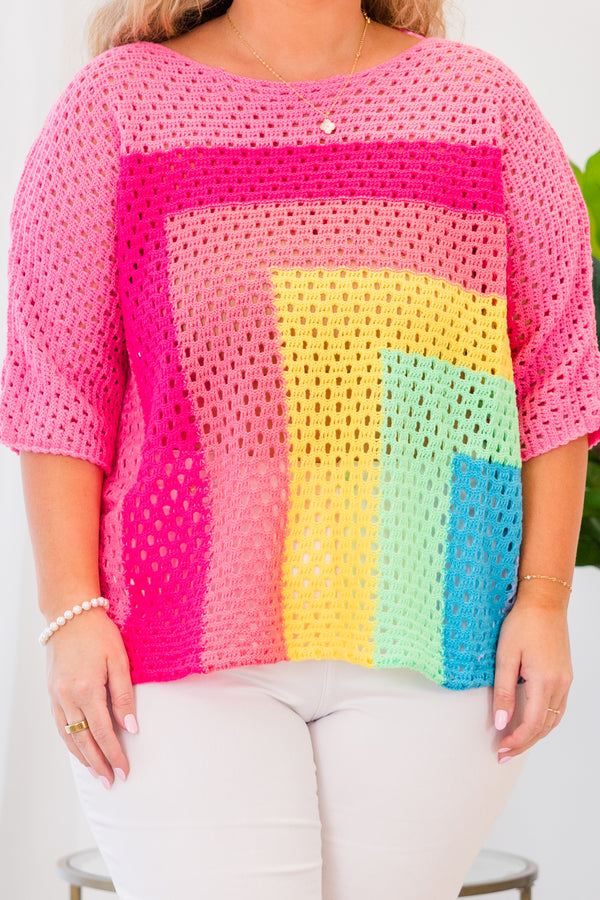 Chic Soul plus size clothing, short-sleeve knit pink multi top with rainbow block pattern