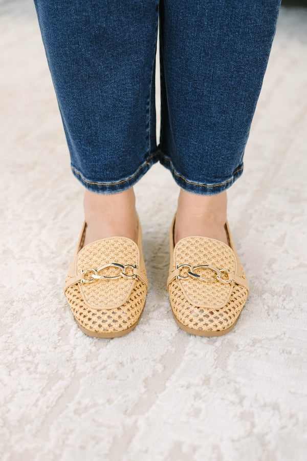 Plus Size natural woven loafers with a gold chain detail and tan leather trim.