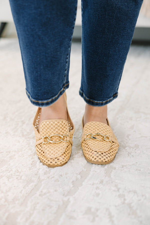 Plus Size natural woven loafers with a gold chain detail and tan leather trim.