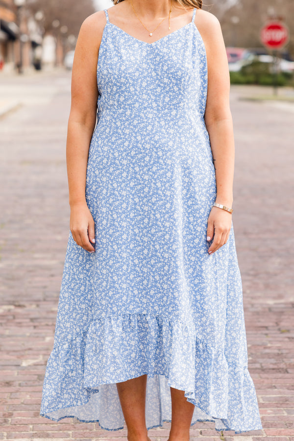 Chic Soul plus size clothing, white-blue spaghetti strap high low maxi dress with v neckline