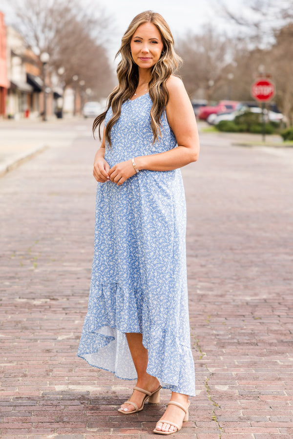 Chic Soul plus size clothing, white-blue spaghetti strap high low maxi dress with v neckline