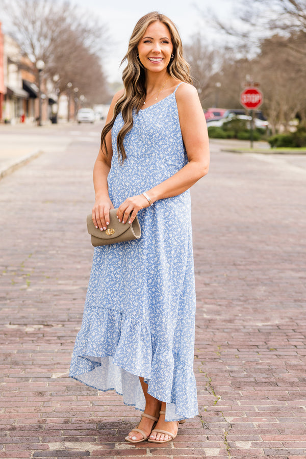 Chic Soul plus size clothing, white-blue spaghetti strap high low maxi dress with v neckline