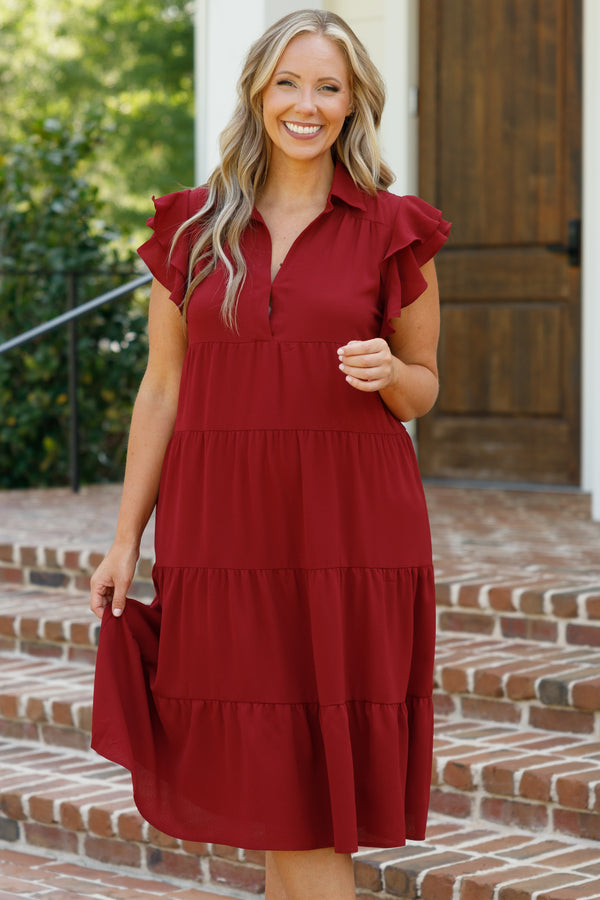 Chic Soul plus size clothing, wine red flowy tiered midi dress with ruffle sleeves and a collar