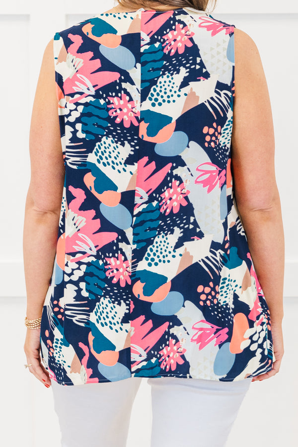 Chic Soul plus size clothing, sleeveless navy tank top with a scoop-v-neckline and an abstract geometric blue and pink pattern 