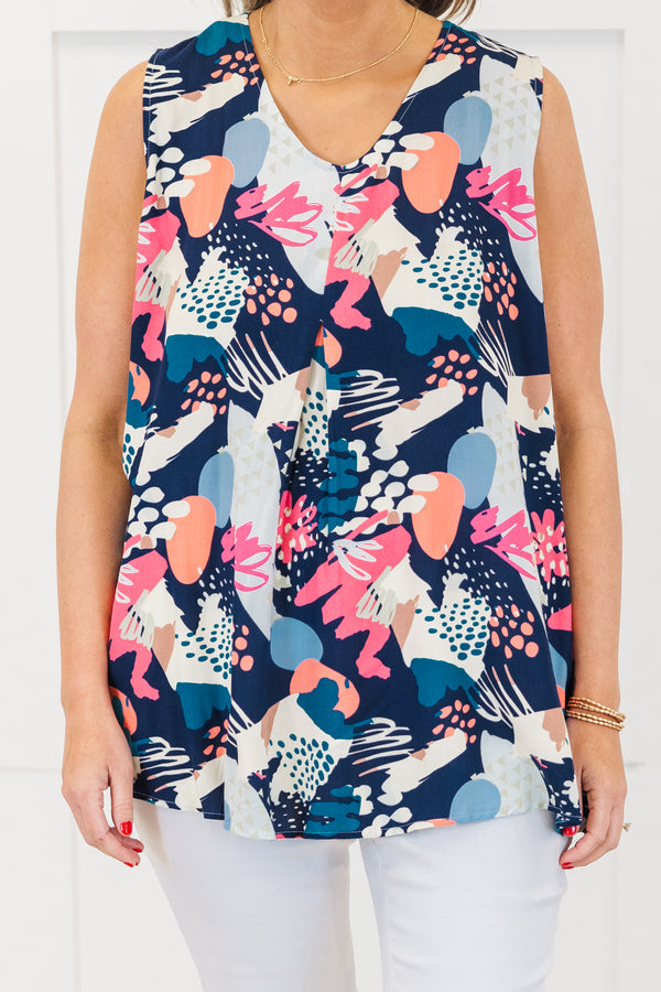 Chic Soul plus size clothing, sleeveless navy tank top with a scoop-v-neckline and an abstract geometric blue and pink pattern 
