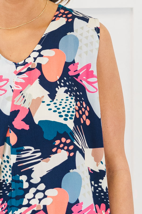 Chic Soul plus size clothing, sleeveless navy tank top with a scoop-v-neckline and an abstract geometric blue and pink pattern 