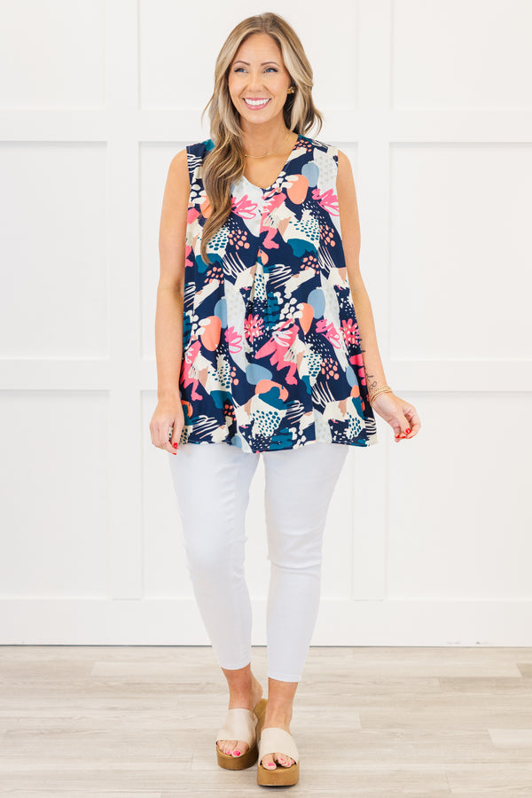 Chic Soul plus size clothing, sleeveless navy tank top with a scoop-v-neckline and an abstract geometric blue and pink pattern 