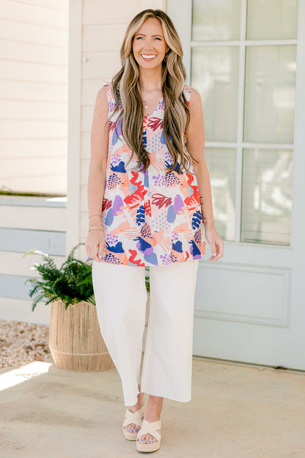 Chic Soul plus size clothing, peach sleeveless tank top with rounded v neckline with abstract multicolored large print 