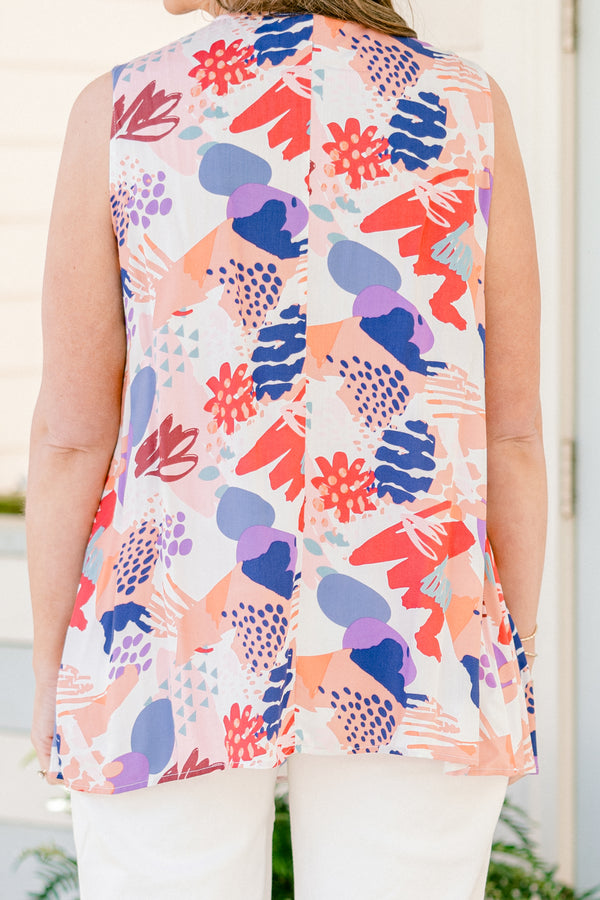 Chic Soul plus size clothing, peach sleeveless tank top with rounded v neckline with abstract multicolored large print 