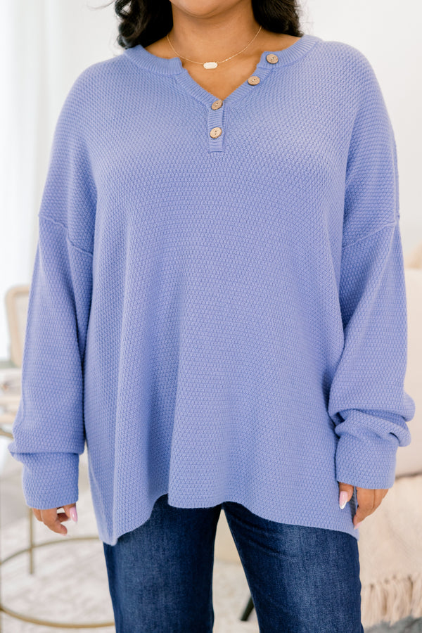 Chic Soul plus size clothing, blue textured 1/4 button pullover sweater