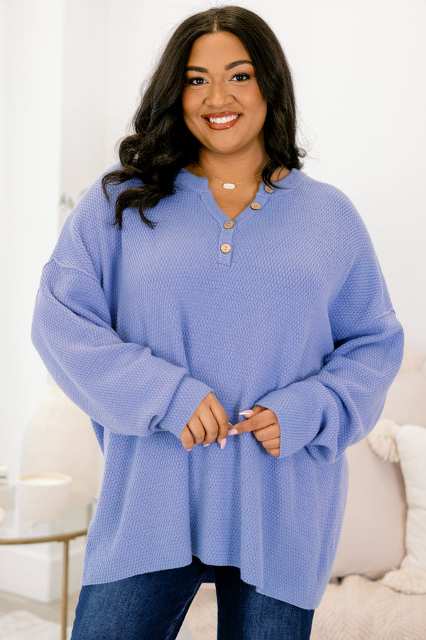 Chic Soul plus size clothing, blue textured 1/4 button pullover sweater