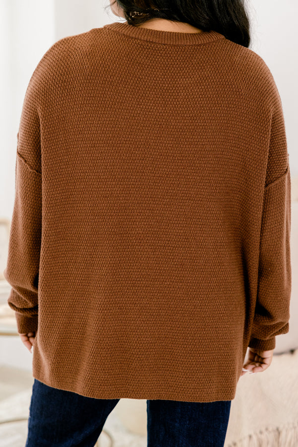 Chic Soul plus size clothing, brown long sleeve knit sweater with brown buttons along the v-neckline