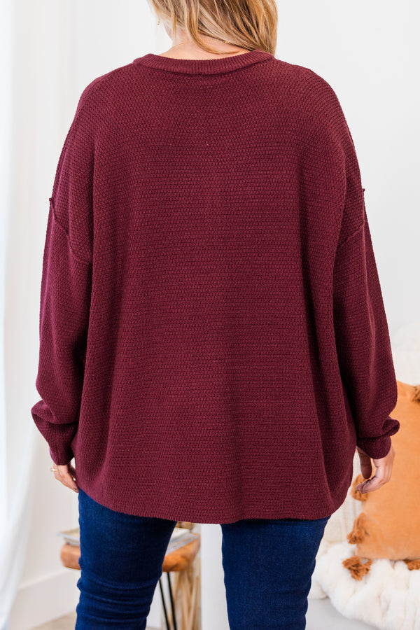 Chic Soul plus size clothing, long-sleeve burgundy henley sweater with brown button detailing 