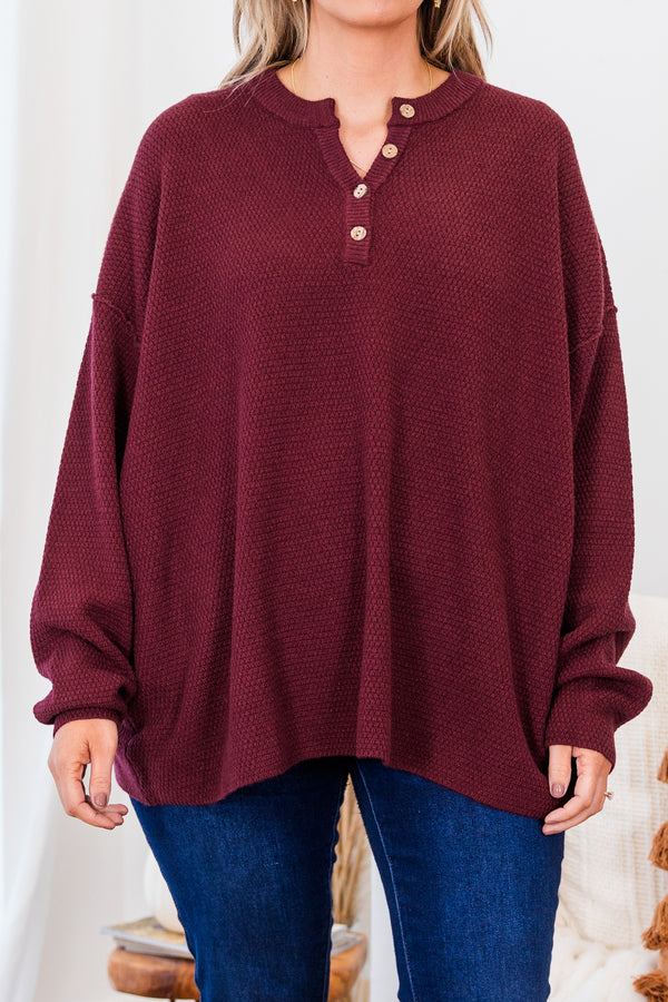 Chic Soul plus size clothing, long-sleeve burgundy henley sweater with brown button detailing 