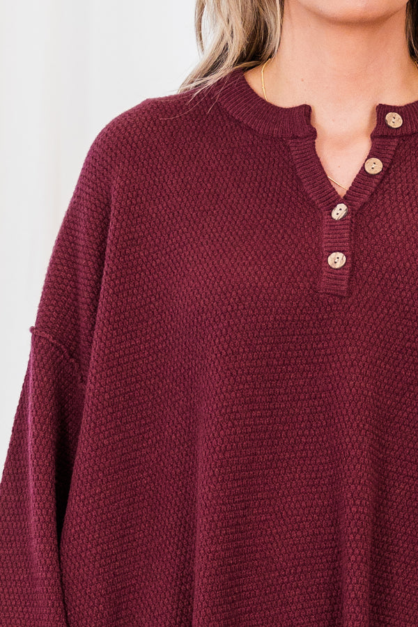 Chic Soul plus size clothing, long-sleeve burgundy henley sweater with brown button detailing 