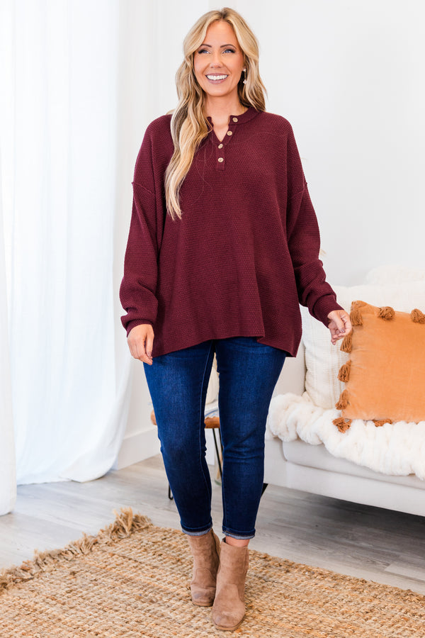 Chic Soul plus size clothing, long-sleeve burgundy henley sweater with brown button detailing 