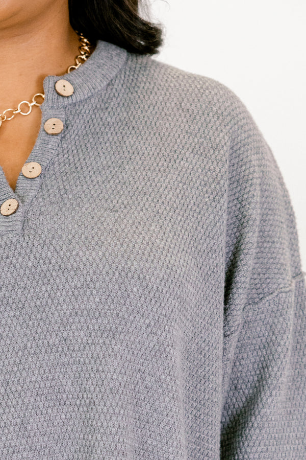 Chic Soul plus size clothing, gray long sleeve sweater with four wooden buttons at the top of the v-neckline