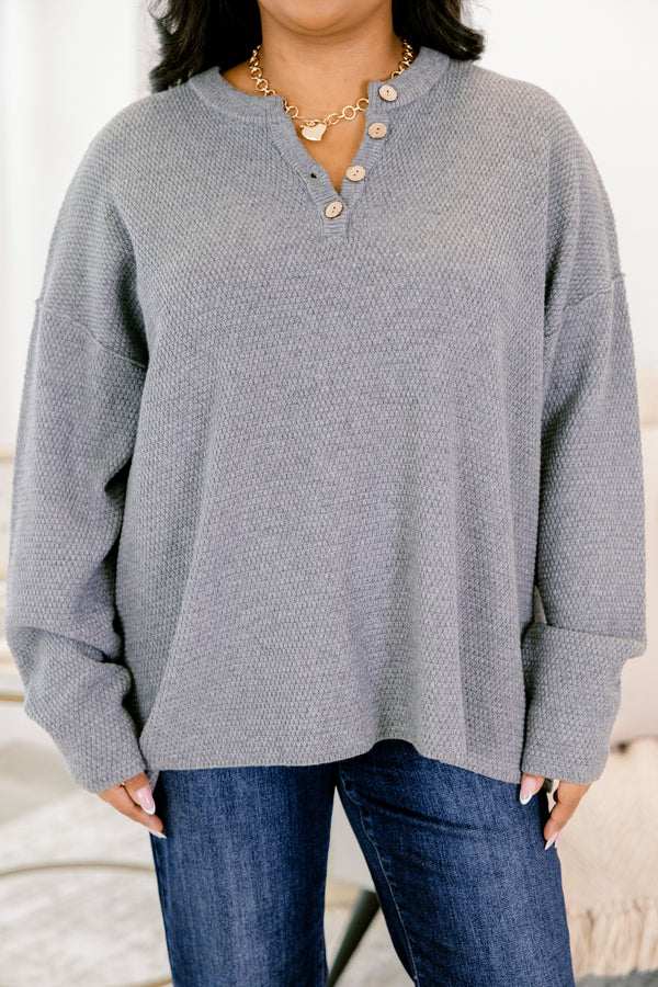 Chic Soul plus size clothing, gray long sleeve sweater with four wooden buttons at the top of the v-neckline