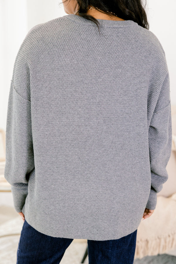 Chic Soul plus size clothing, gray long sleeve sweater with four wooden buttons at the top of the v-neckline