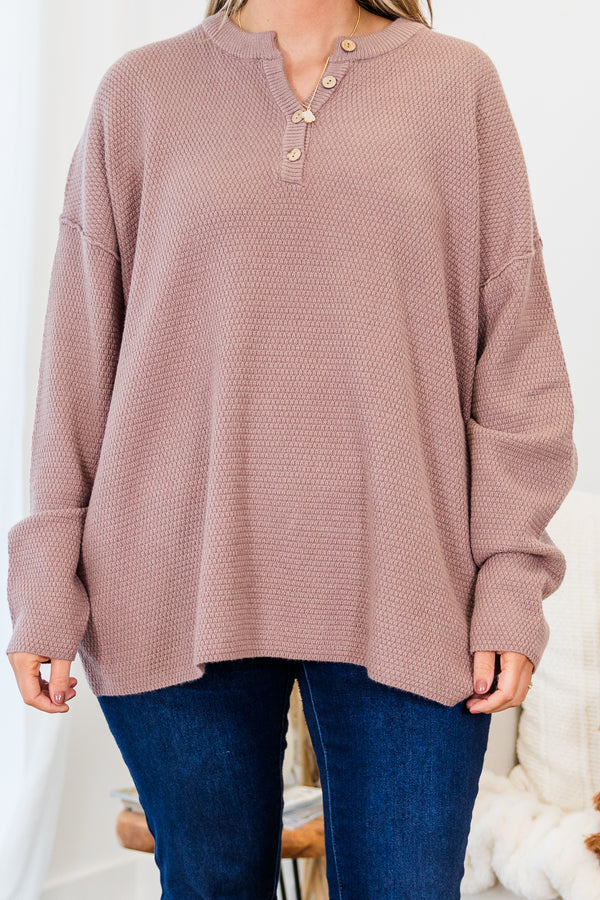 Plus Size taupe knit sweater with a buttoned henley neckline and drop shoulder long sleeves.