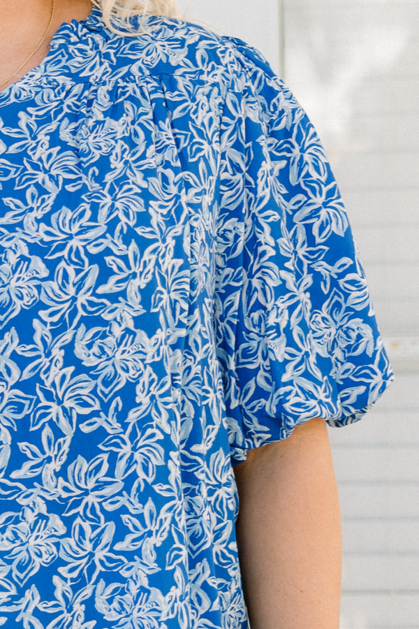 Chic Soul plus size clothing, blue bubble sleeve blouse with white floral pattern