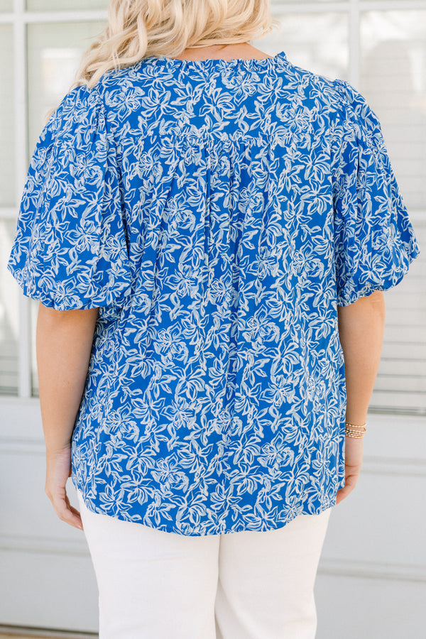 Chic Soul plus size clothing, blue bubble sleeve blouse with white floral pattern