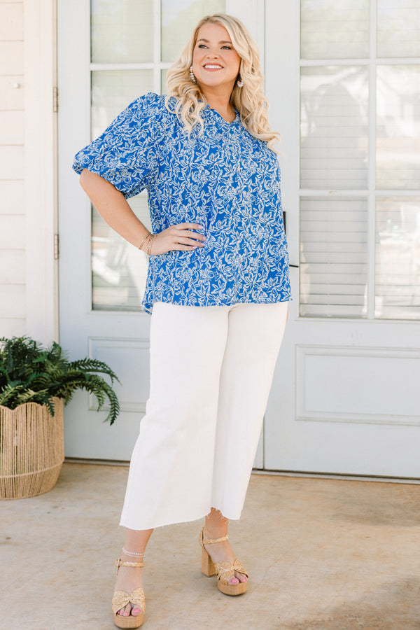 Chic Soul plus size clothing, blue bubble sleeve blouse with white floral pattern