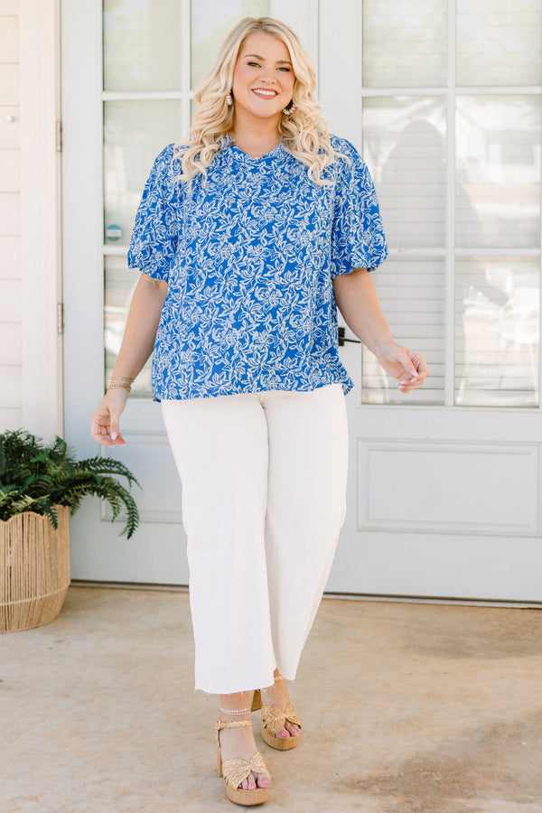 Chic Soul plus size clothing, blue bubble sleeve blouse with white floral pattern