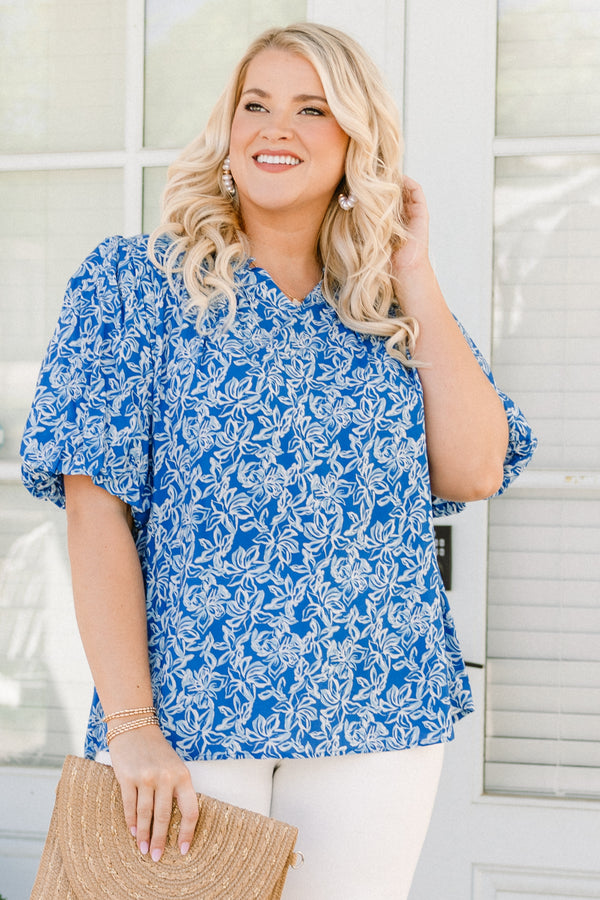 Chic Soul plus size clothing, blue bubble sleeve blouse with white floral pattern