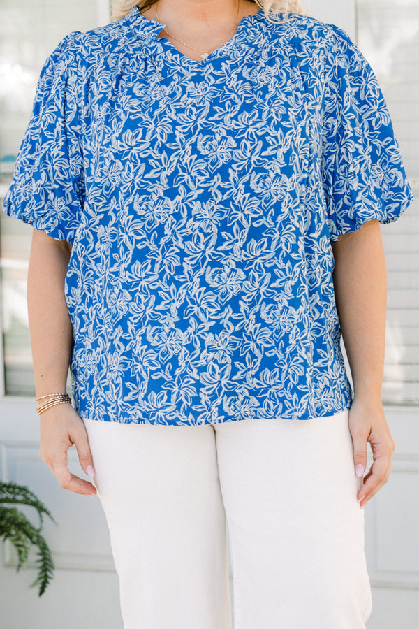 Chic Soul plus size clothing, blue bubble sleeve blouse with white floral pattern