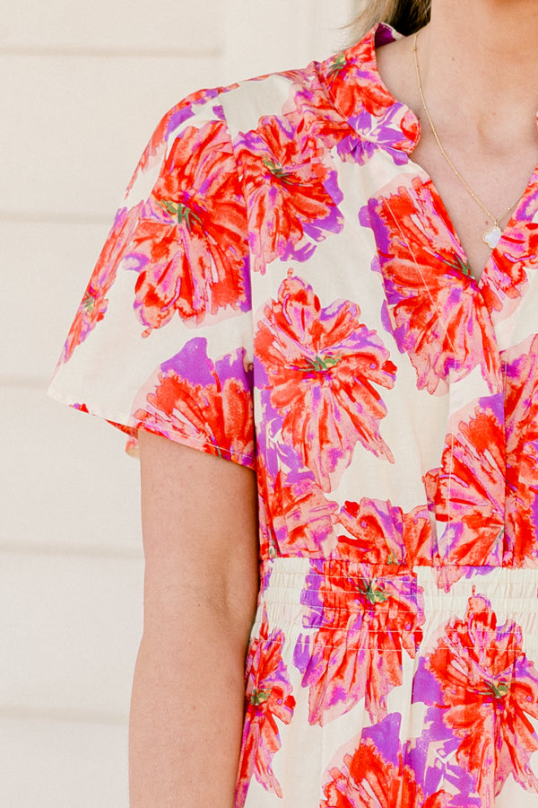 Chic Soul plus size clothing, short-sleeve pink maxi dress with a smocked waistline and a watercolor floral print with a tiered skirt and a v-neckline