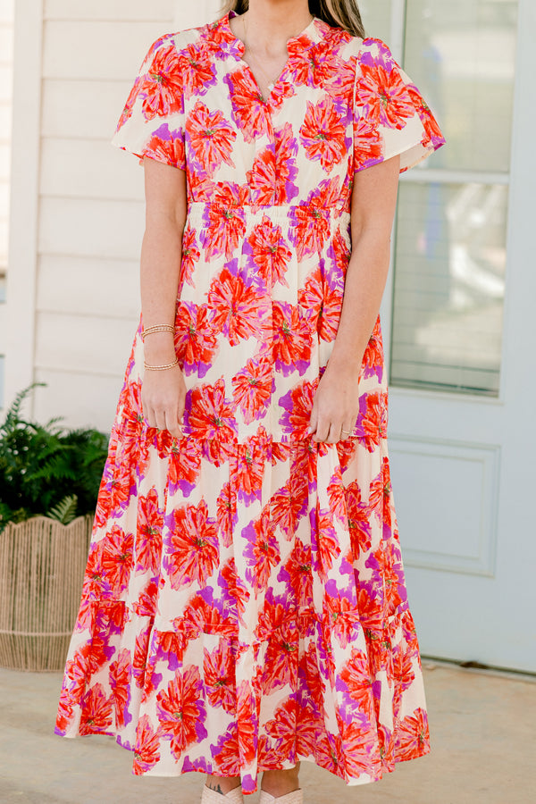 Chic Soul plus size clothing, short-sleeve pink maxi dress with a smocked waistline and a watercolor floral print with a tiered skirt and a v-neckline