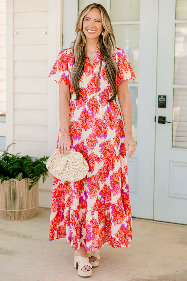 Chic Soul plus size clothing, short-sleeve pink maxi dress with a smocked waistline and a watercolor floral print with a tiered skirt and a v-neckline