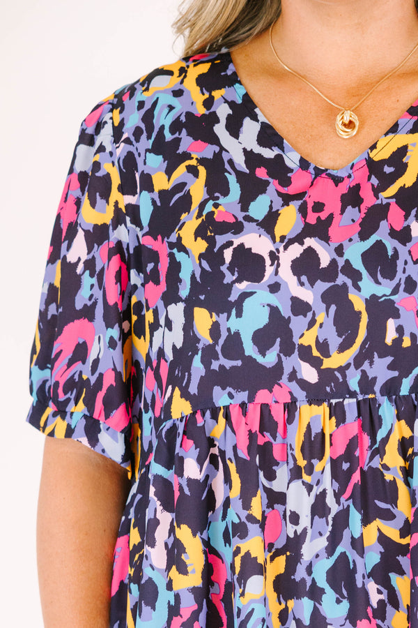 Chic Soul plus size clothing, black abstract pattern with bright colors mini dress with v neck and ruffle detail on bottom with puff sleeves