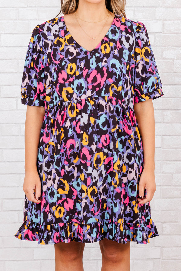 Chic Soul plus size clothing, black abstract pattern with bright colors mini dress with v neck and ruffle detail on bottom with puff sleeves