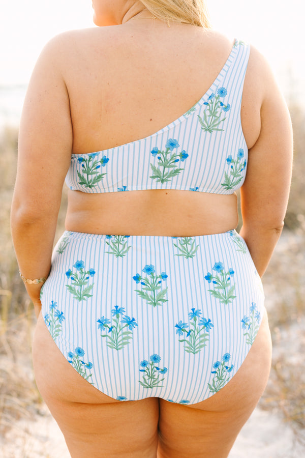 Chic Soul plus size clothing, straight across one shoulder bikini top with a ruffle going along the top with blue stripes and floral block pattern 