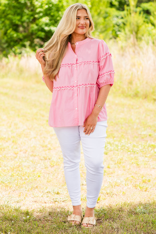 Chic Soul plus size clothing, bubblegum pink buttoned blouse with short bubble sleeves and scalloped detailing