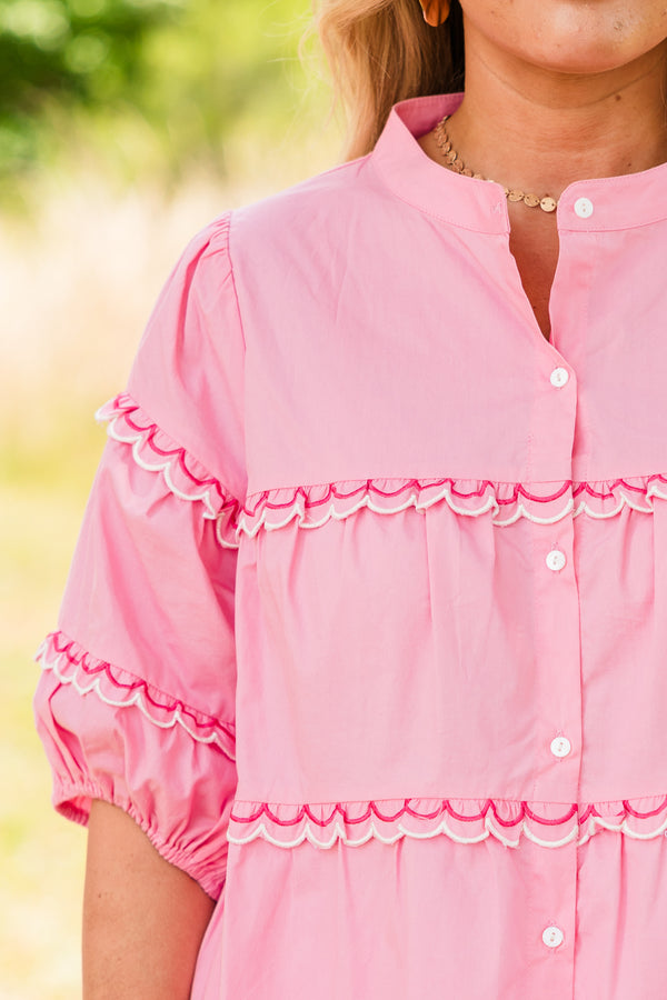 Chic Soul plus size clothing, bubblegum pink buttoned blouse with short bubble sleeves and scalloped detailing