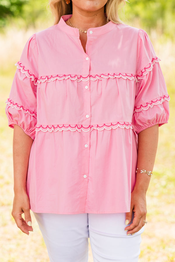 Chic Soul plus size clothing, bubblegum pink buttoned blouse with short bubble sleeves and scalloped detailing