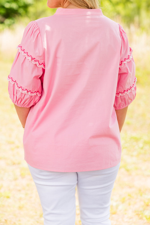 Chic Soul plus size clothing, bubblegum pink buttoned blouse with short bubble sleeves and scalloped detailing