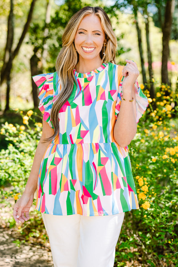 Chic Soul plus size clothing, blue pink and green abstract flutter sleeve top