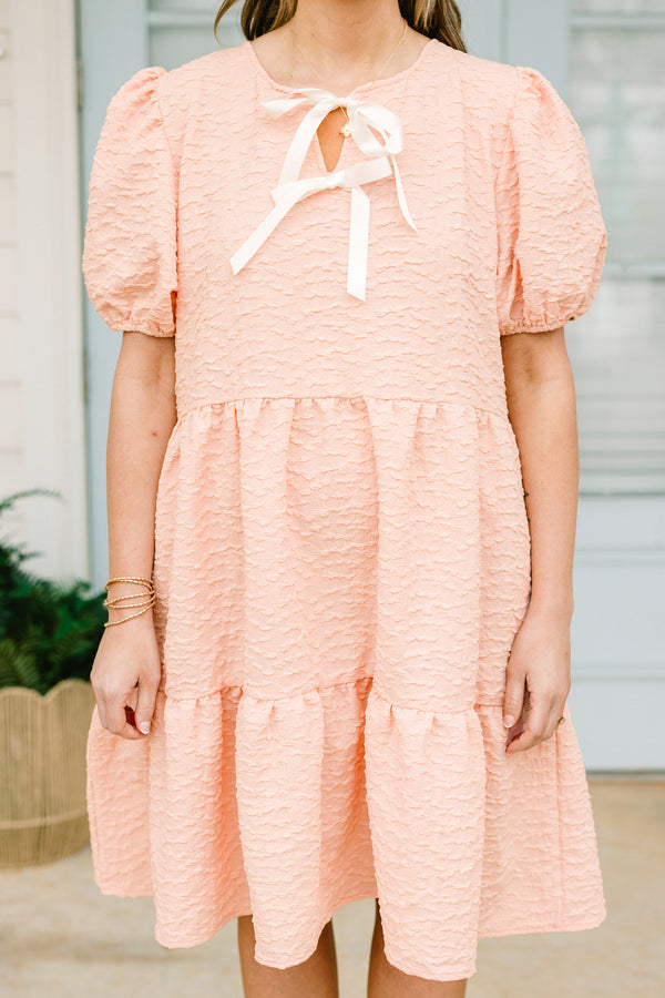 Chic Soul plus size clothing, peach short dress with puff sleeves and two white bows at the neck