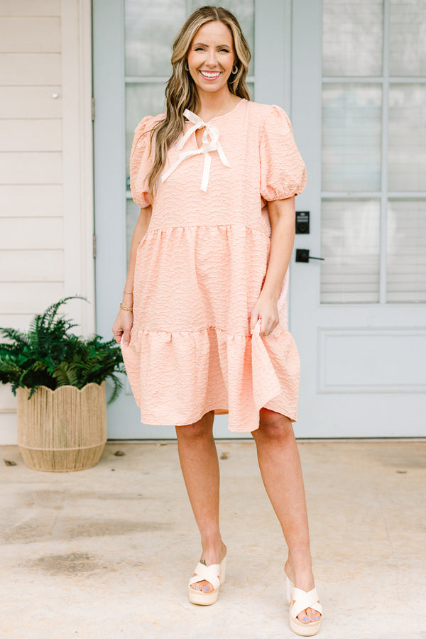 Chic Soul plus size clothing, peach short dress with puff sleeves and two white bows at the neck
