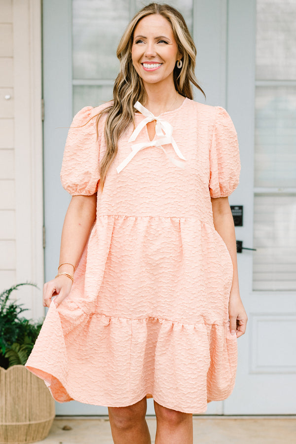 Chic Soul plus size clothing, peach short dress with puff sleeves and two white bows at the neck