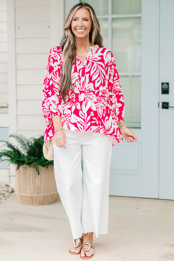 Chic Soul plus size clothing, quarter sleeve ruffled hot pink mix top with tie on the collar and floral pattern