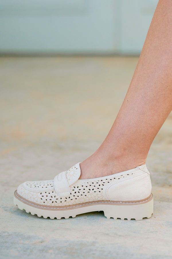 Chic Soul plus size clothing, ivory loafers with a floral woven pattern and a strap that goes across the top of the loafer 