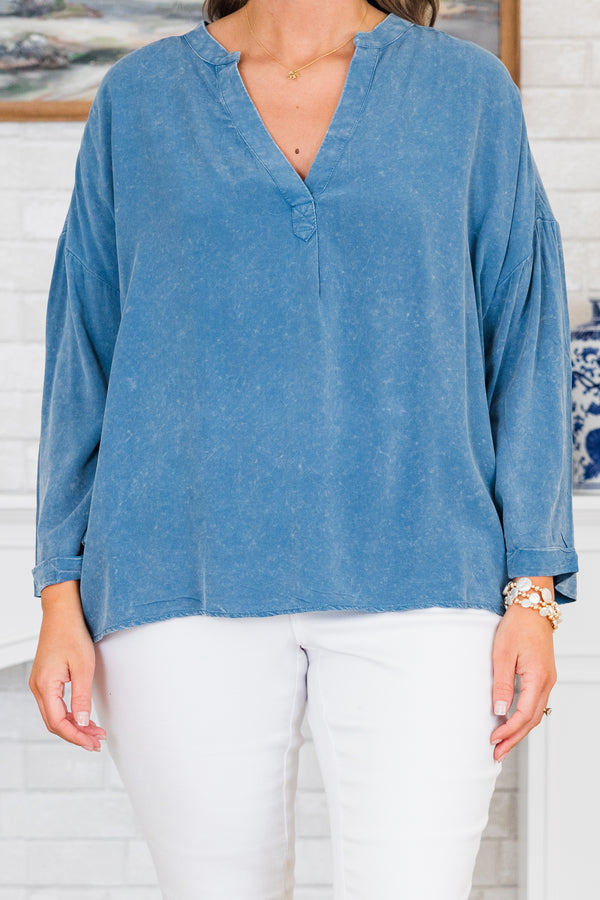 Chic Soul plus size clothing, quarter-sleeve denim mineral washed top with a v-neckline and cuffed sleeves