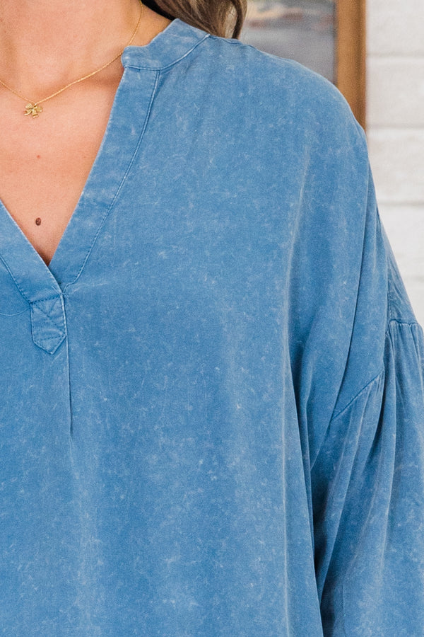 Chic Soul plus size clothing, quarter-sleeve denim mineral washed top with a v-neckline and cuffed sleeves